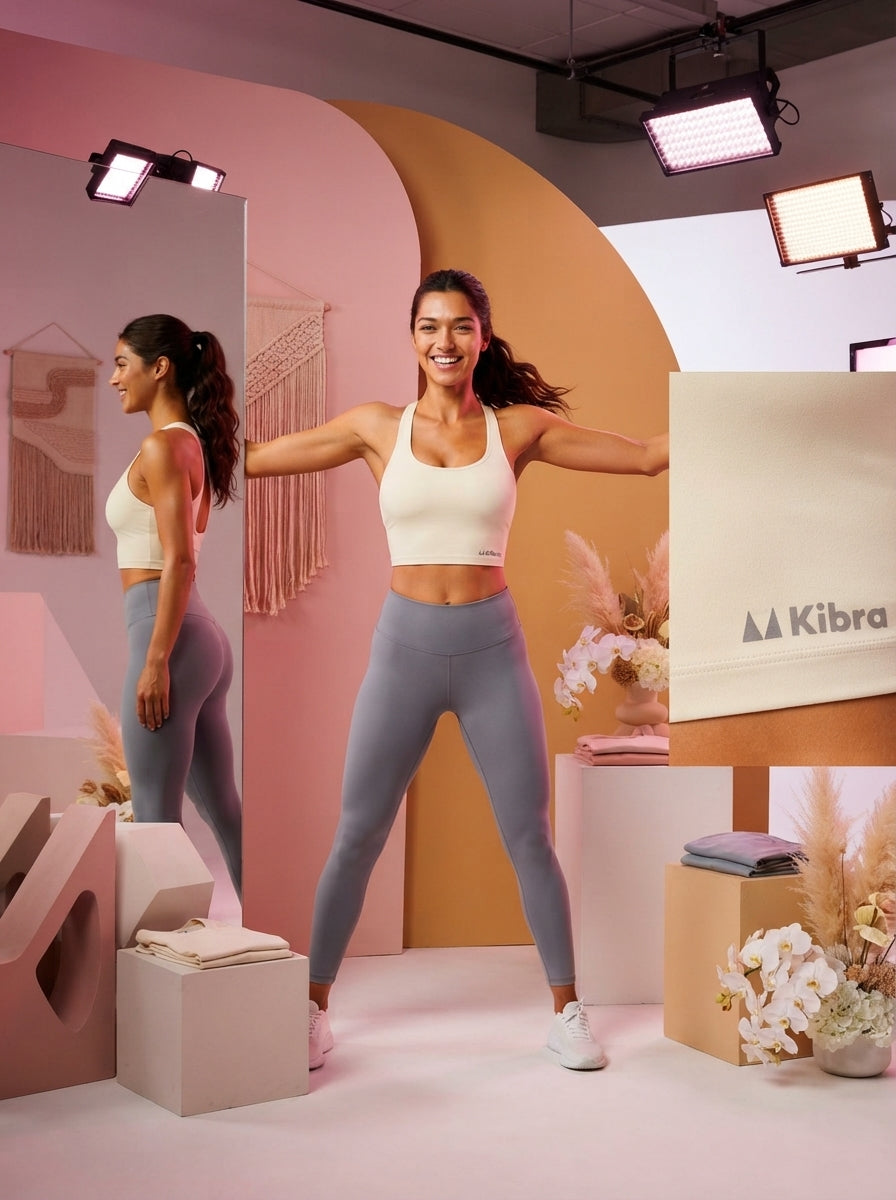 Athlete wearing a supportive Aura Cross Back sports bra in a bright, modern studio with rose and golden honey accents.